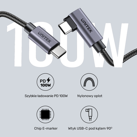 Unitek Kabel USB-C kątowy 90° PD100W 3m - czarny (C14123BK-3M)
