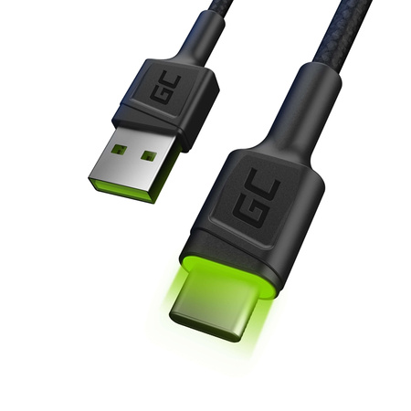 Green Cell Ray - Kabel Przewód USB - USB-C 120cm z zielonym podświetleniem LED i obsługą szybkiego ładowania Ultra Charge, QC 3.0 (KABGC06)