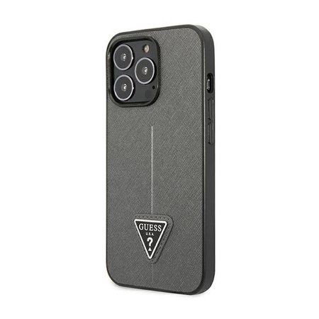 Guess Saffiano Triangle Logo Case – Etui iPhone 14 Pro (srebrny) (GUHCP14LPSATLG)