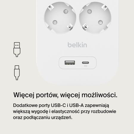 Belkin Listwa antyprzepięciowa 900 J, 8 gniazd Schuko, USB-C PD 18W, USB-A, biała (SRB003VF2M-V2)