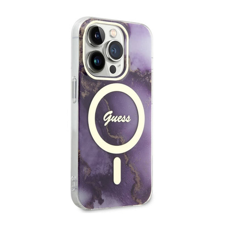 Guess Golden Marble MagSafe - Etui iPhone 14 Pro (Purpurowy) (GUHMP14LHTMRSU)