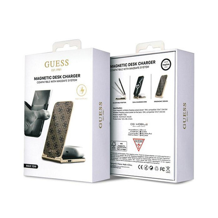Guess 4G Pattern MagSafe - Składana ładowarka indukcyjna 2w1 z MagSafe do iPhone i AirPods 15W (brązowy) (GUDCFAL4PEGW)