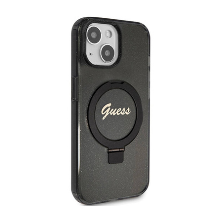 Guess Ring Stand Script Glitter MagSafe - Etui iPhone 15 (czarny) (GUHMP15SHRSGSK)
