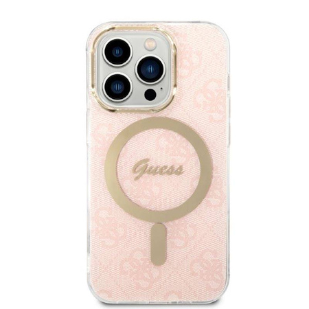 Guess Bundle Pack MagSafe 4G - Zestaw etui + ładowarka MagSafe iPhone 14 Pro (różowy/złoty) (GUBPP14LH4EACSP)