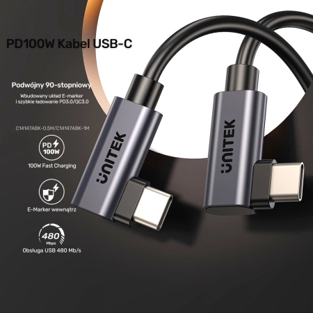Unitek kabel przewód USB-C PD 100W 90 stopni czarny (C14147ABK01-1M)