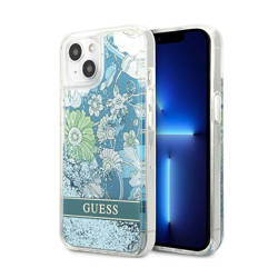 Guess Liquid Glitter Flower – Etui iPhone 13 (niebieski/zielony) (GUHCP13MLFLSN)