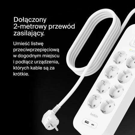 Belkin Listwa antyprzepięciowa 900 J, 8 gniazd Schuko, USB-C PD 18W, USB-A, biała (SRB003VF2M-V2)
