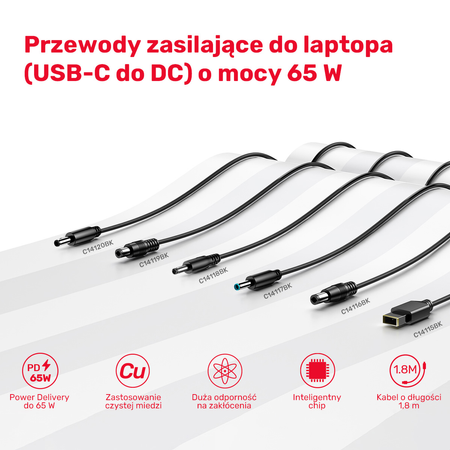 Kabel zasilający do laptopa 65W USB-C - DC5,5mm - czarny (C14116BK-1.8M)