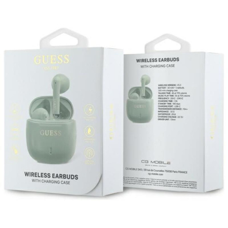 Guess Printed Classic Logo - Słuchawki Bluetooth TWS + etui ładujące (zielony) (GUTWSJ14ESGN)