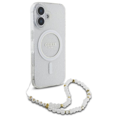 Guess IML Glitter With Pearl Strap MagSafe - Etui iPhone 16 Plus (przezroczysty) (GUHMP16MHGCRELST)