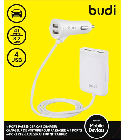 Budi - Ładowarka samochodowa 4x USB, 41W + rozdzielacz na kablu 1,8m (Biały) (BD068W)