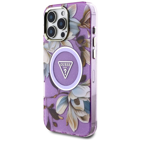 Guess Glitter Flowers Triangle Buttons MagSafe - Etui do iPhone 16 Pro Max (fioletowy) (GUHMP16XHFLPEDU)