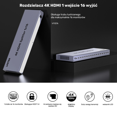 Unitek Rozdzielacz HDMI 4K 1 wejście 16 wyjść 4K@30Hz (V1137AGY01-EU)