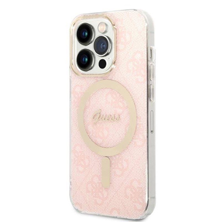 Guess Bundle Pack MagSafe 4G - Zestaw etui + ładowarka MagSafe iPhone 14 Pro (różowy/złoty) (GUBPP14LH4EACSP)