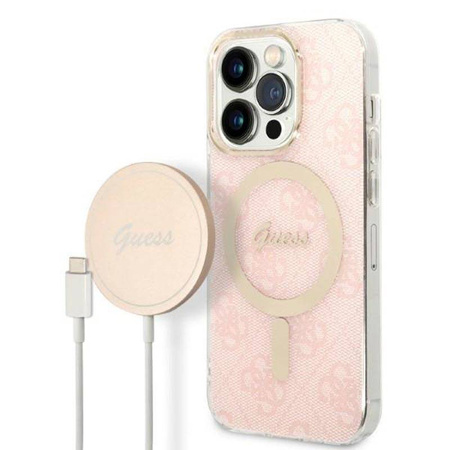 Guess Bundle Pack MagSafe 4G - Zestaw etui + ładowarka MagSafe iPhone 14 Pro (różowy/złoty) (GUBPP14LH4EACSP)
