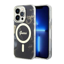 Guess Golden Marble MagSafe - Etui iPhone 14 Pro (Czarny) (GUHMP14LHTMRSK)