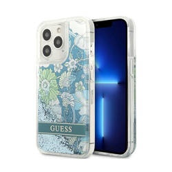 Guess Liquid Glitter Flower – Etui iPhone 13 Pro Max (niebieski/zielony) (GUHCP13XLFLSN)