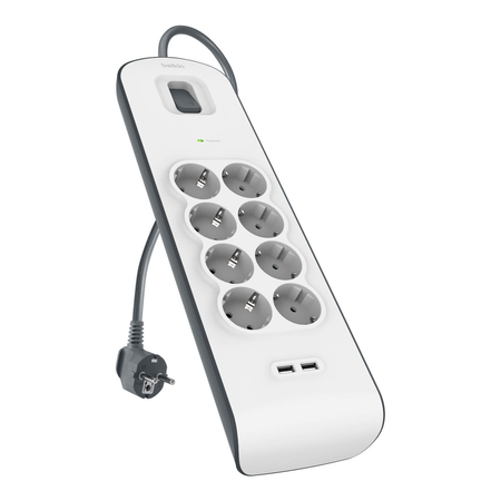 Belkin Listwa zasilająca przeciwprzepięciowa 900J, 8 gniazd Schuko, 2x USB-A, 2m (BSV804VF2M-V2)