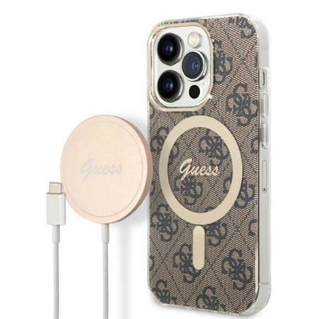 Guess Bundle Pack MagSafe 4G - Zestaw etui + ładowarka MagSafe iPhone 14 Pro Max (brązowy/złoty) (GUBPP14XH4EACSW)