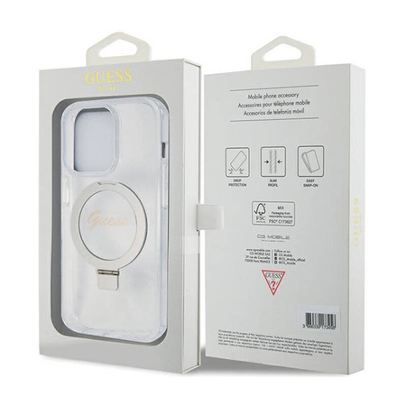 Guess Ring Stand Script Glitter MagSafe - Etui iPhone 15 Pro (przezroczysty) (GUHMP15LHRSGSD)