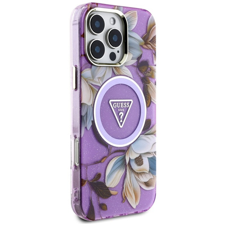 Guess Glitter Flowers Triangle Buttons MagSafe - Etui do iPhone 16 Pro Max (fioletowy) (GUHMP16XHFLPEDU)