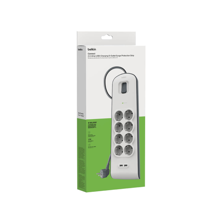 Belkin Listwa zasilająca przeciwprzepięciowa 900J, 8 gniazd Schuko, 2x USB-A, 2m (BSV804VF2M-V2)