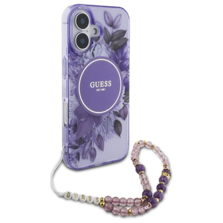 Guess IML Flowers With Pearl Strap MagSafe - Etui iPhone 16 (fioletowy) (GUHMP16SHFWBRCESU)