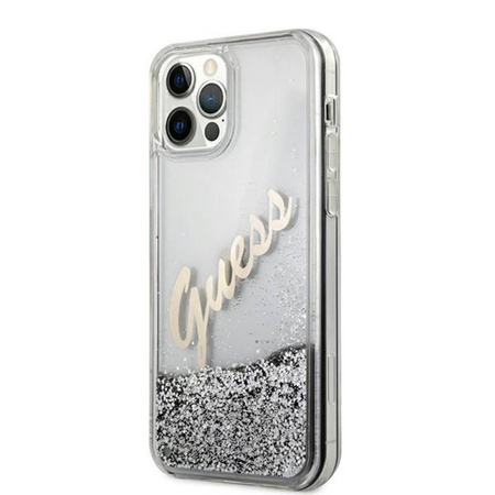 Guess Glitter Vintage Script - Etui iPhone 12 Pro Max (srebrny) (GUHCP12LGLVSSI)