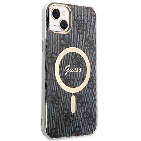 Guess Bundle Pack MagSafe 4G - Zestaw etui + ładowarka MagSafe iPhone 14 (czarny/złoty) (GUBPP14SH4EACSK)