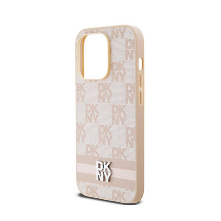 DKNY Leather Checkered Mono Pattern & Printed Stripes - Etui iPhone 14 Pro (różowy) (DKHCP14LPCPTSSP)