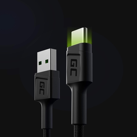 Green Cell Ray - Kabel Przewód USB - USB-C 120cm z zielonym podświetleniem LED i obsługą szybkiego ładowania Ultra Charge, QC 3.0 (KABGC06)