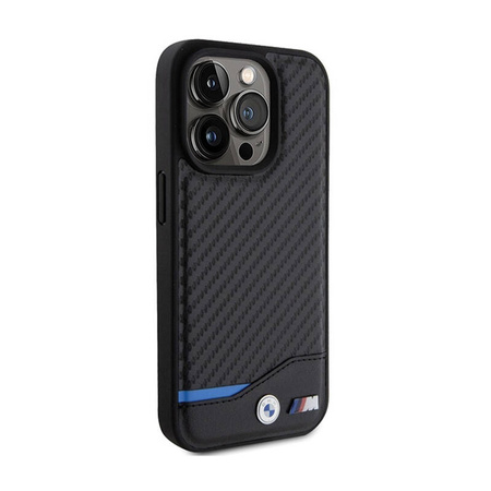 BMW Leather Carbon Blue Line MagSafe - Etui iPhone 15 Pro (czarny) (BMHMP15L22NBCK)