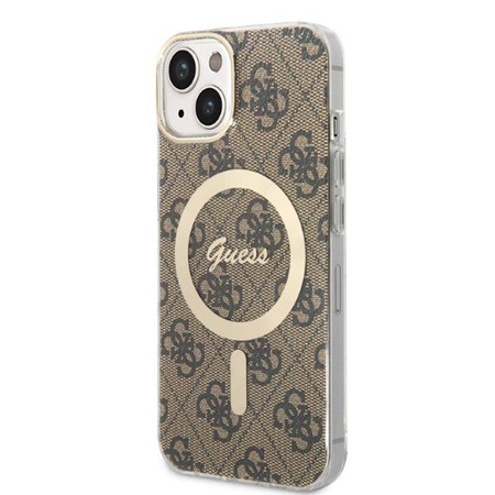Guess Bundle Pack MagSafe 4G - Zestaw etui + ładowarka MagSafe iPhone 14 Plus (brązowy/złoty) (GUBPP14MH4EACSW)