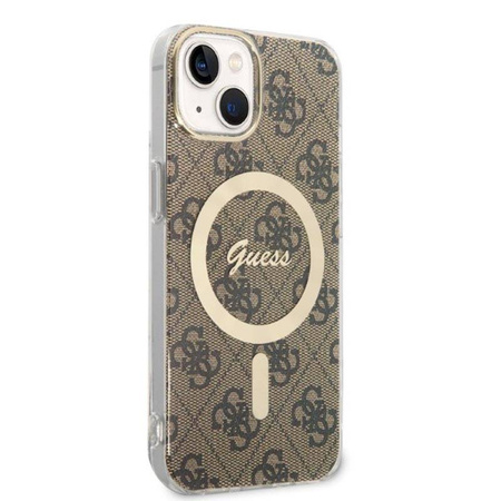 Guess Bundle Pack MagSafe 4G - Zestaw etui + ładowarka MagSafe iPhone 14 Plus (brązowy/złoty) (GUBPP14MH4EACSW)