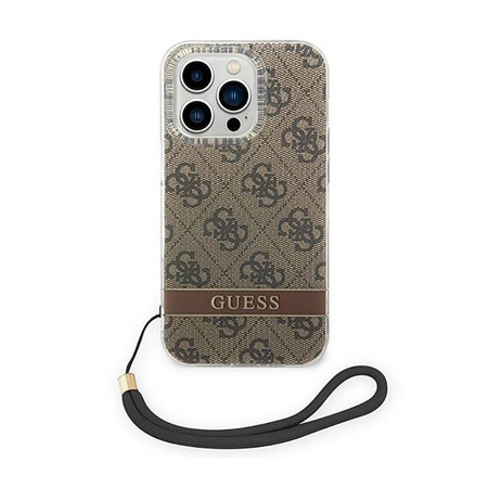 Guess 4G Print Cord - Etui ze smyczką iPhone 14 Pro (brązowy) (GUOHCP14LH4STW)