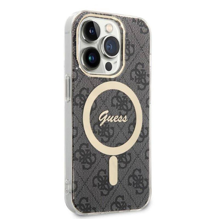 Guess Bundle Pack MagSafe 4G - Zestaw etui + ładowarka MagSafe iPhone 14 Pro Max (czarny/złoty) (GUBPP14XH4EACSK)
