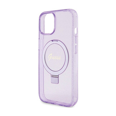 Guess Ring Stand Script Glitter MagSafe - Etui iPhone 15 Plus (fioletowy) (GUHMP15MHRSGSU)