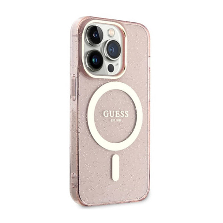 Guess Glitter Gold MagSafe - Etui iPhone 14 Pro (Różowy) (GUHMP14LHCMCGP)