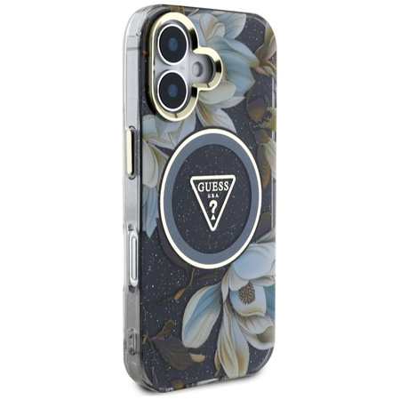 Guess Glitter Flowers Triangle Buttons MagSafe - Etui do iPhone 16 (czarny) (GUHMP16SHFLPEDK)