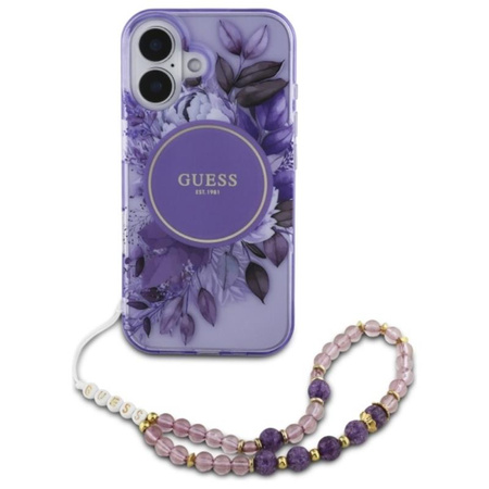 Guess IML Flowers With Pearl Strap MagSafe - Etui iPhone 16 (fioletowy) (GUHMP16SHFWBRCESU)