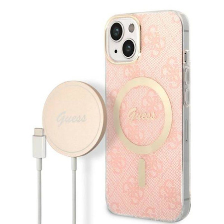 Guess Bundle Pack MagSafe 4G - Zestaw etui + ładowarka MagSafe iPhone 14 Plus (różowy/złoty) (GUBPP14MH4EACSP)