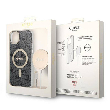 Guess Bundle Pack MagSafe 4G - Zestaw etui + ładowarka MagSafe iPhone 14 (czarny/złoty) (GUBPP14SH4EACSK)