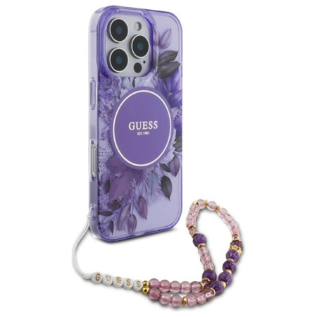 Guess IML Flowers With Pearl Strap MagSafe - Etui iPhone 16 Pro Max (fioletowy) (GUHMP16XHFWBRCESU)