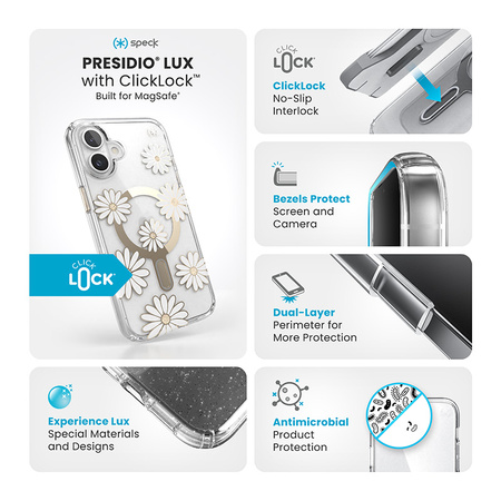 Speck Presidio Lux ClickLock & MagSafe - Etui iPhone 16 Plus (Sunshine Daisies / Clear / Gold) (150749-3257)