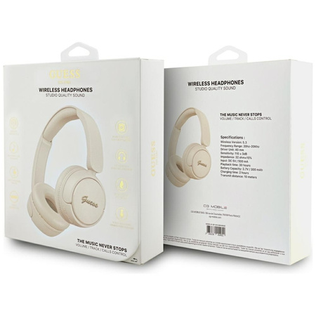 Guess Metal Logo Script - Bezprzewodowe słuchawki nauszne Bluetooth V5.3 (beżowy) (GUBHV6SCE)
