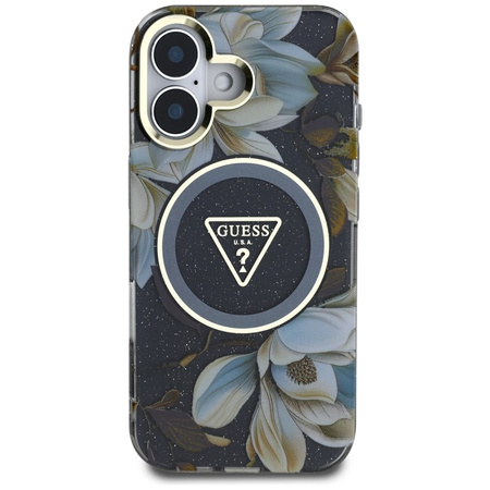 Guess Glitter Flowers Triangle Buttons MagSafe - Etui do iPhone 16 (czarny) (GUHMP16SHFLPEDK)