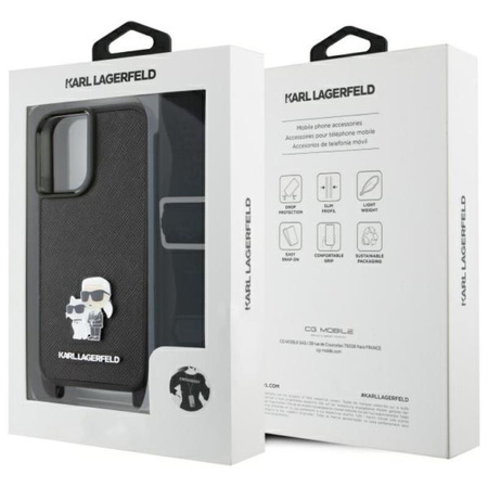 Karl Lagerfeld Saffiano Karl & Choupette Metal Pin CBDY Strap - Etui iPhone 16 (czarny) (KLHCP16SSAKCPBK)