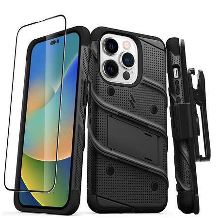 ZIZO BOLT Series - Pancerne etui iPhone 14 Pro ze szkłem 9H na ekran + uchwyt z podstawką (czarny) (BOLT-IPH14PRO-BKBK)