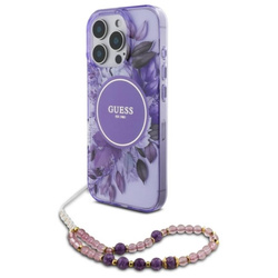 Guess IML Flowers With Pearl Strap MagSafe - Etui iPhone 16 Pro Max (fioletowy) (GUHMP16XHFWBRCESU)