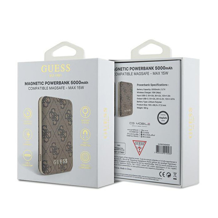 Guess 4G Leather Metal Logo MagSafe - Power Bank indukcyjny 5000 mAh 15W MagSafe (brązowy) (GUPB5FP4EMGW)
